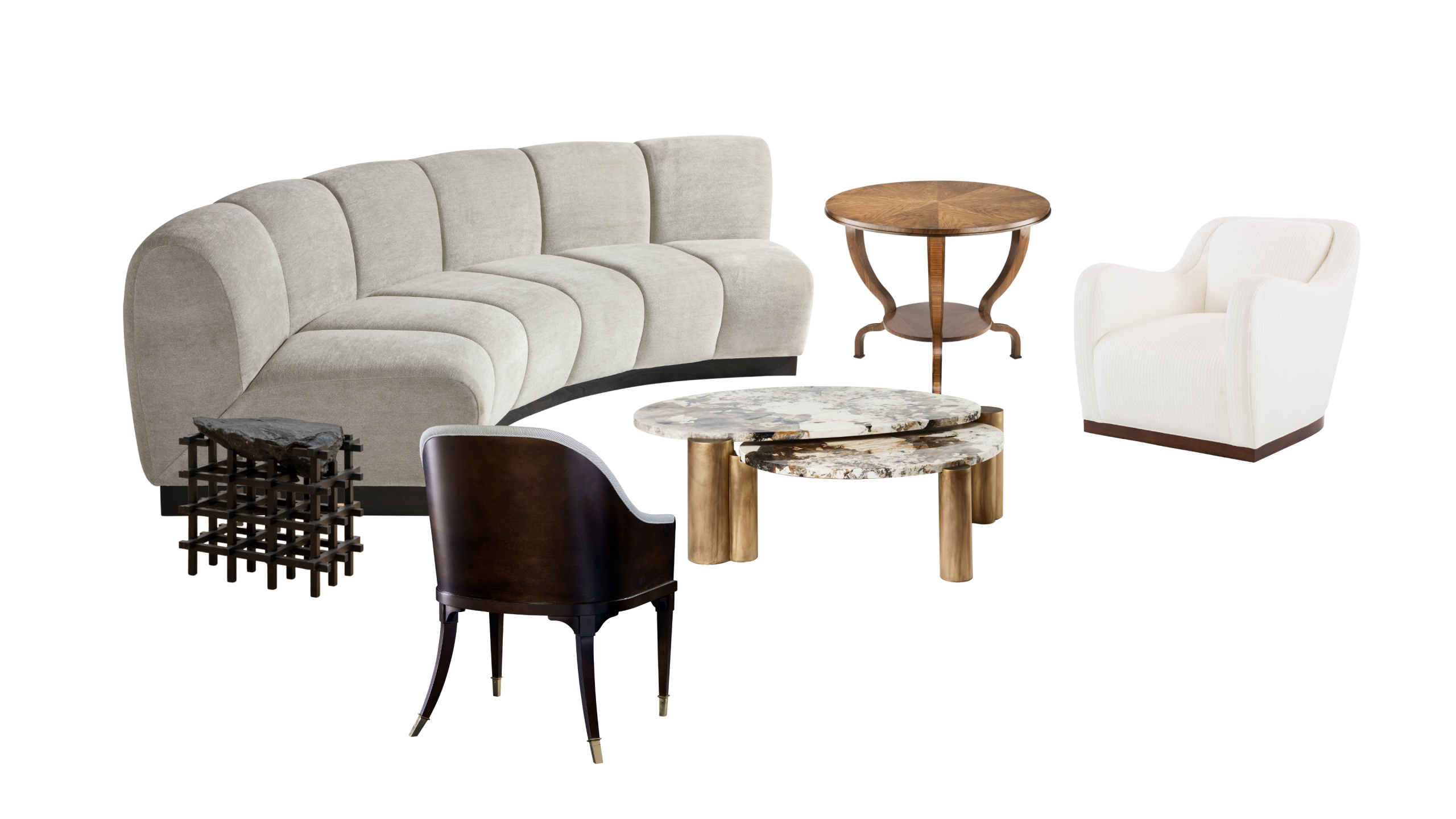 Living room furniture study with a curved sofa, chairs, side tables, and Ben Barber Studio's Xenolith nesting coffee tables.